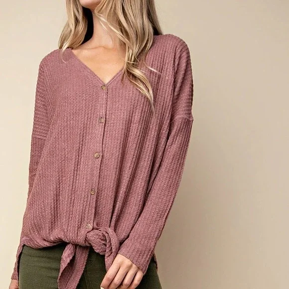 NWT Waffle Knit Tie Top in Wine - Picture 1 of 8